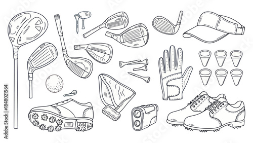 Golf equipment collection illustration detailed monochrome vector design elements