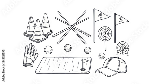 Golf equipment collection in monochrome graphic style with copy space