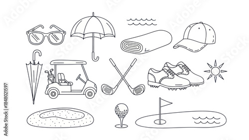 Golf equipment collection in line art style on white background