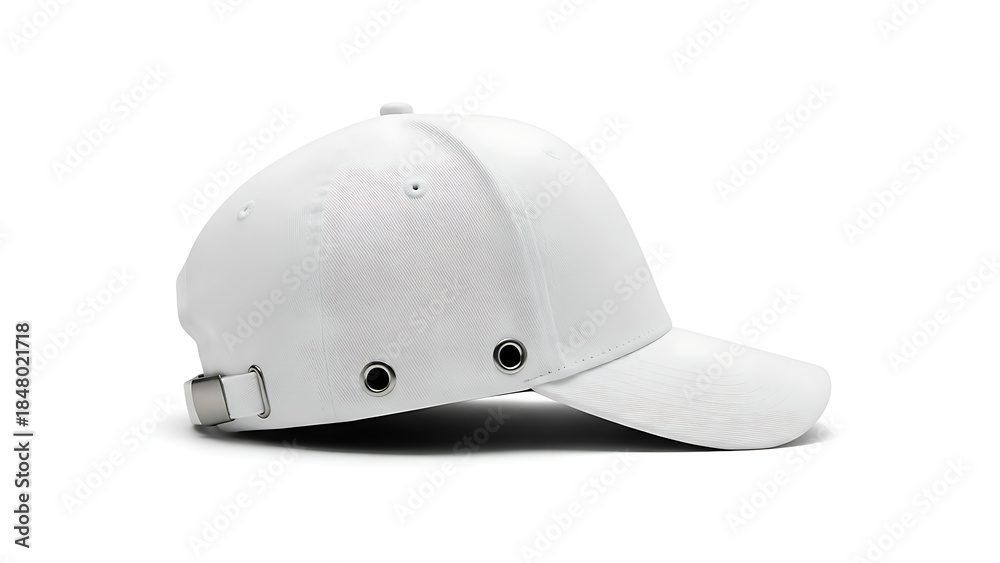 Fototapeta premium Side view of a blank white baseball cap with metal ventilation eyelets isolated on white background. 