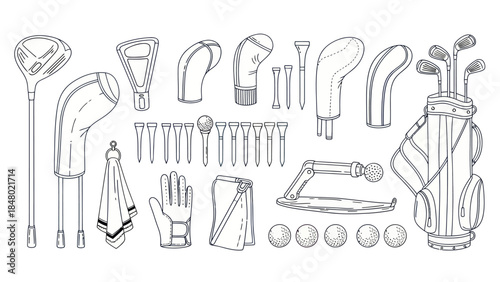 Golf equipment collection illustration tee balls bag clubs glove towel vector