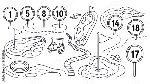 Golf course layout with markers and cart in black and white vector
