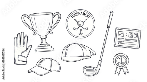 Golf equipment illustration cup glove cap golf club and tournament badges