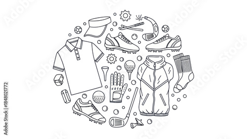 Golf equipment collection in circular arrangement with line art style