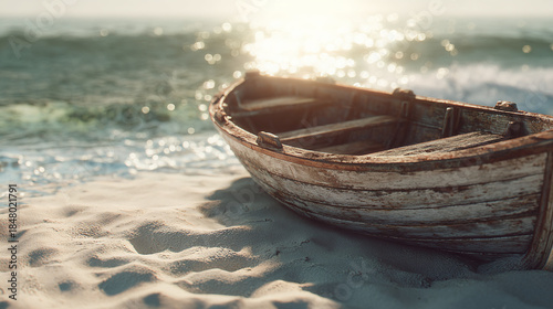 An old rowboat rests on the sandy beach with sunlight glistening on the water. The weathered wood of the boat speaks of journeys taken and memories made