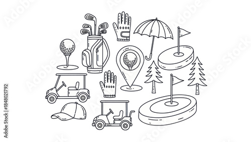 Golf equipment collection in line art style for sports and leisure activities