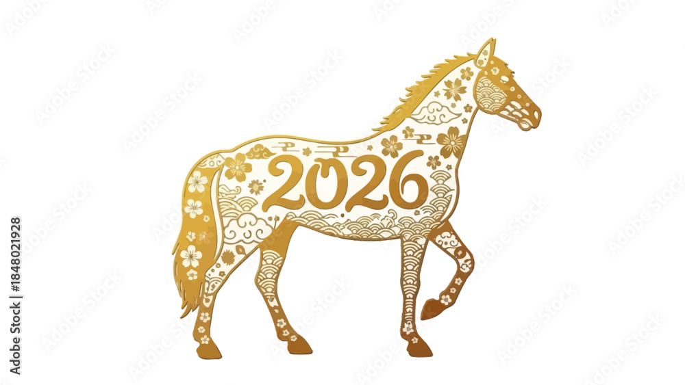 Fototapeta premium Elegant Gold Horse Illustration Featuring the Year 2026 with Floral and Decorative Elements