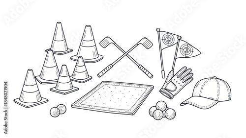 Golf equipment illustration clubs cones balls hats flags on white
