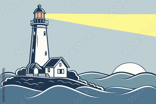 Sea Lighthouse Icon Vector, Maritime Navigation Symbol with Light Rays
