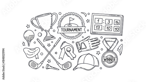 Golf elements illustration tournament trophy ball clubs and accessories