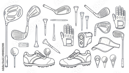 Golf equipment illustration detailed line art for sport and recreation