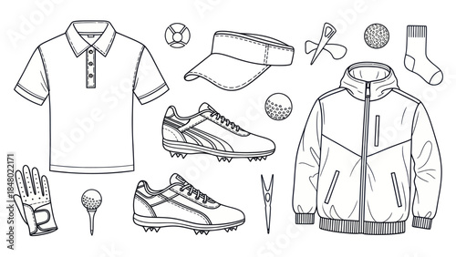 Golf equipment illustration detailed line art for sport apparel and gear
