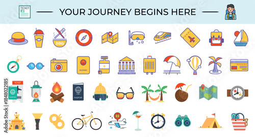 Your Journey Begins Here Travel Icons Set, Flat Vector Banner with Vacation, Tourism, Transport, Adventure, Passport, Luggage and Holiday Elements