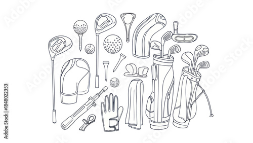 Golf equipment illustration detailed line art of clubs balls and accessories