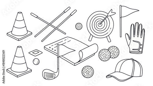 Golf equipment illustration cones balls clubs and target in detailed outline