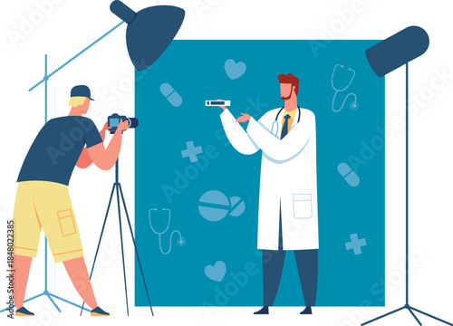 Photographer shooting doctor explaining medical device on set
