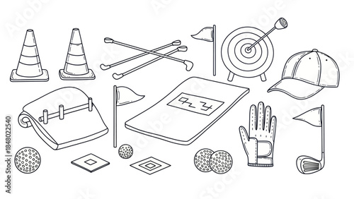 Golf equipment illustration cones balls clubs target cap glove and flags