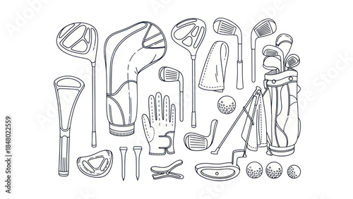Golf equipment illustration detailed black and white vector set on white