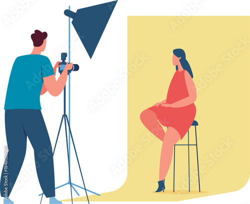 Photographer shooting female model in a studio
