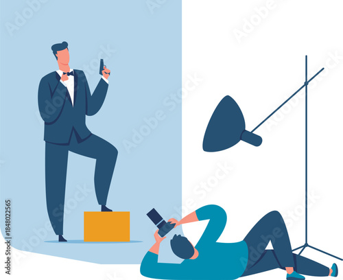 Agent style man posing for photographer in studio