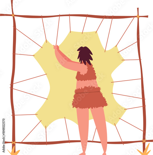 Primitive person stretching and preparing animal hide