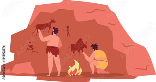 Prehistoric cave dwellers creating ancient animal rock art