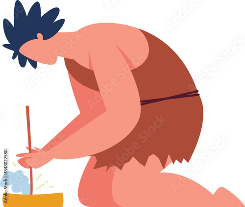 Caveman making fire by friction rubbing stick