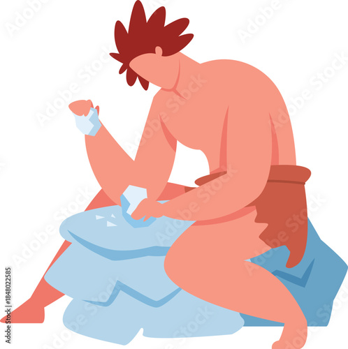 Primitive man crafting stone tool working hard