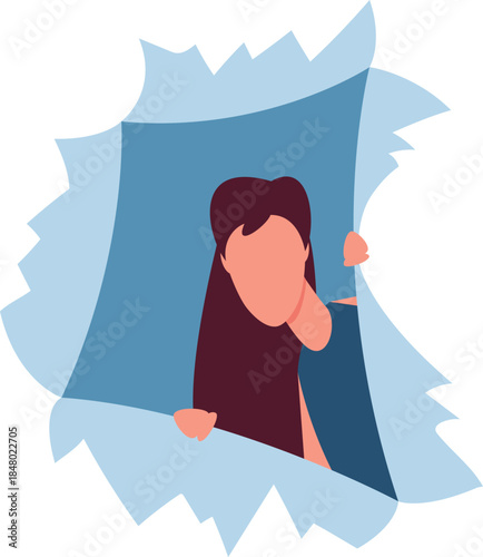Woman peeking through torn paper opening looking