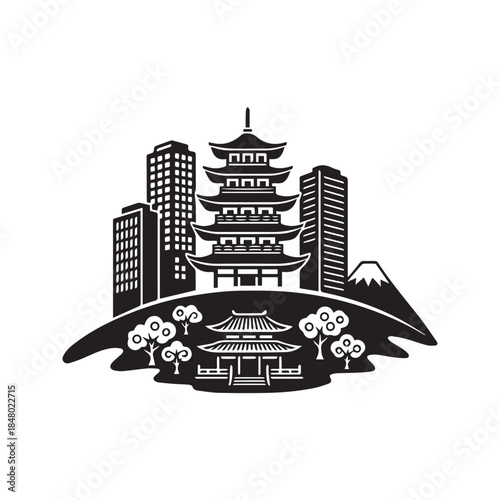 Asian city skyline silhouette vector illustration featuring traditional pagodas, temples, and modern skyscrapers isolated on white background.

