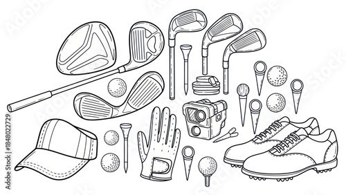 Golf equipment illustration detailed black and white vector set