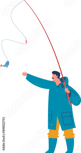 Fisherman catching a fish with a fishing rod