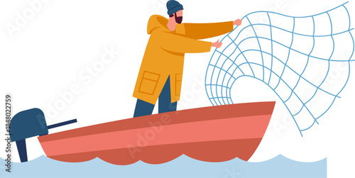 Fisherman pulling fishing net from small boat