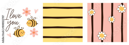 Cute bee love illustration set with handwritten lettering and seamless stripe and daisy patterns in warm pastel tones, designed for romantic graphics, packaging, stationery, and playful backgrounds.