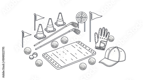 Golf equipment illustration detailed graphic of balls clubs and accessories