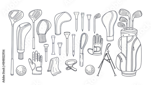 Golf equipment illustration detailed graphic of clubs balls and accessories