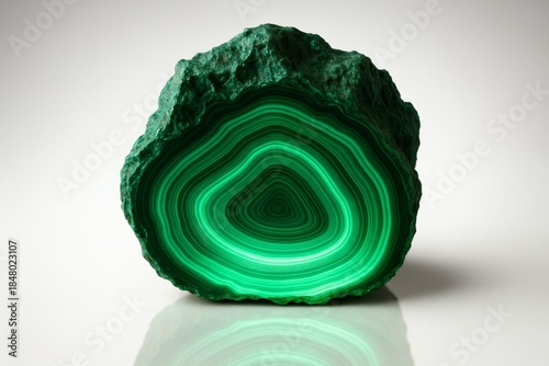 Malachite Raw Stone with Luminous Green Banded Slice Isolated on White Luxury Background