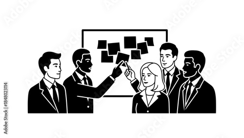 Business team collaborating around a whiteboard with sticky notes