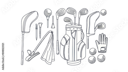 Golf equipment illustration detailed graphic of clubs balls and accessories