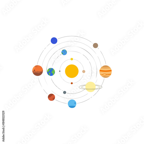 Solar System Planets Orbiting Sun Vector Illustration Flat Design Cosmic Space Astronomy Celestial Bodies Universe