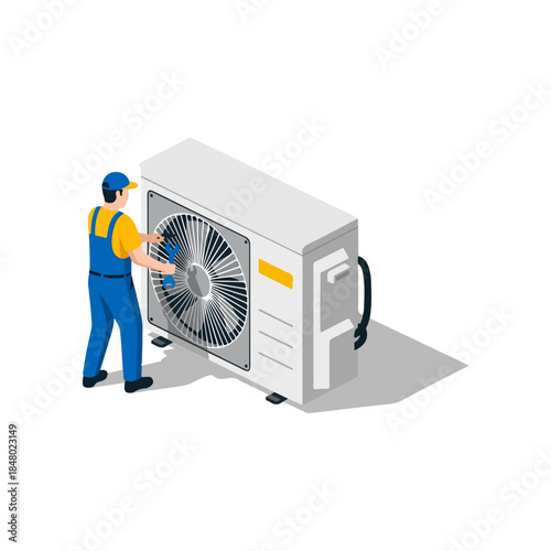 Technician In Blue Overalls Working On An Air Conditioning Unit With A Wrench Isometric Illustration