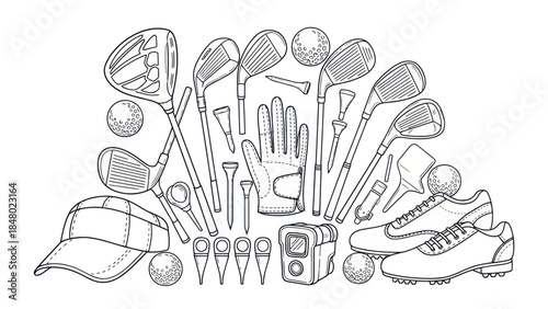 Golf equipment illustration detailed graphic of clubs balls and accessories