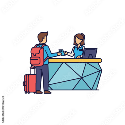Traveler checking in at hotel reception with luggage and passport, while receptionist assists, illustration