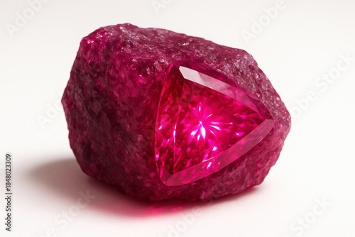 Bright Pink Spinel Raw Stone with Glowing Slice Isolated on White Background Luxury Gemstone
