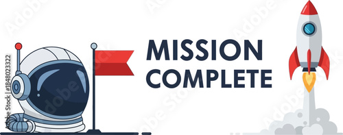 Space exploration illustration with astronaut helmet rocket and flag on transparent background