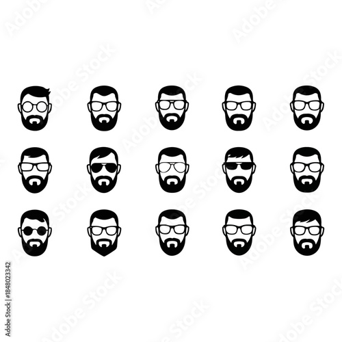 Diverse collection of stylish bearded men icons with glasses, sunglasses, and different hairstyles, modern graphic design elements