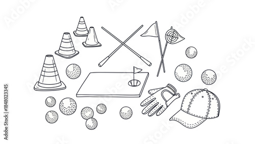 Golf equipment illustration balls cones gloves flag and other accessories