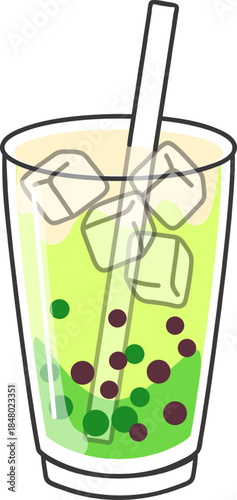 Green bubble tea drink with ice and boba pearls