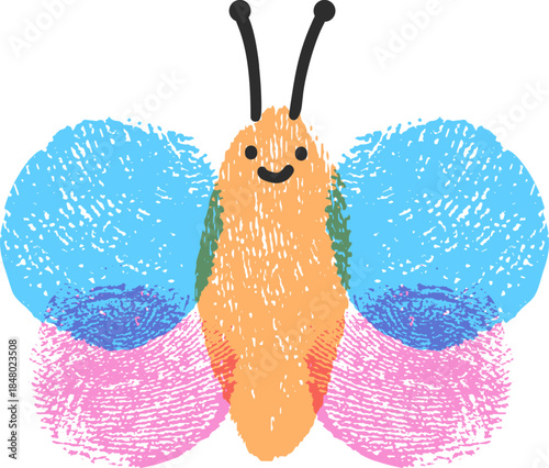 Fingerprint butterfly illustration with happy face on white background
