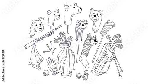 Golf equipment illustration clubs bags tees bear headcovers accessories